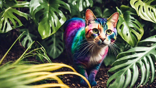 A rainbow cat walks in the monstera forest,generative ai