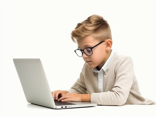 Small kid boy looking at laptop screen isolated on white background. Studying, distance education concept 