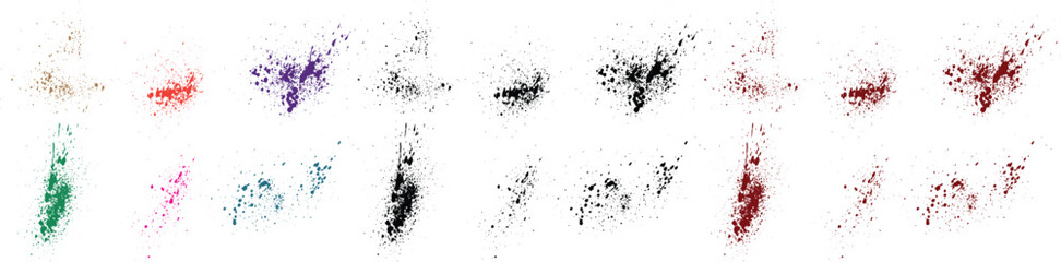 Ink creative paint brush stroke red, orange, green, purple, wheat, black color blood splatter vector set