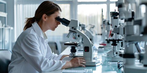 A young researcher sitting in a laboratory and looking through a microscope.