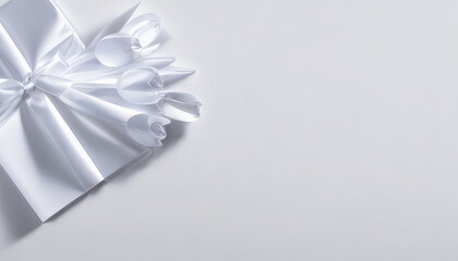 Topview of white giftbox with ribbon and flowers on a white background. Flatlay with copyspace for Valentines Day