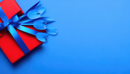 Topview of blue giftbox with ribbon and flowers on a blue background. Flatlay with copyspace for Valentines Day