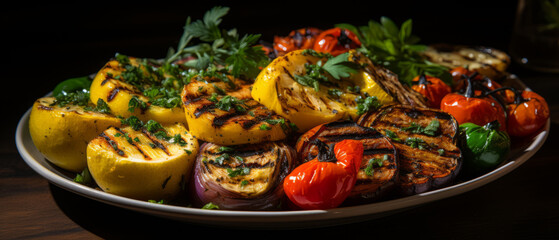 Delicious and healthy grilled vegetables including eggplant, tomatoes, and onions.