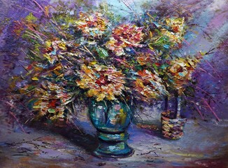 Original art painting Oil color petal flower in vase	