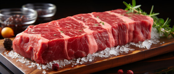 Fototapeta premium Fresh sirloin steak preparation with rosemary, salt, and pepper on a rustic wood surface.