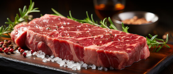 Fresh sirloin steak preparation with rosemary, salt, and pepper on a rustic wood surface.