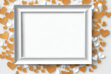 Valentines Day mockup with grey frame on grey background with hearts. Copyspace greeting card