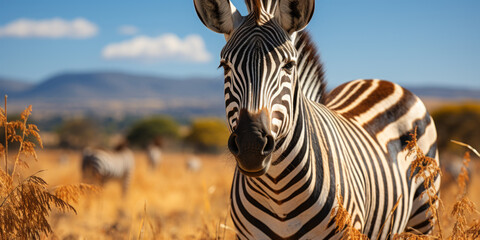 Portrait of a lone zebra in the African savannah, highlighting its distinctive black and white stripes.