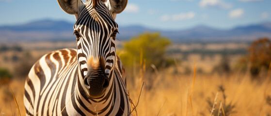 Close-up of a zebra's face in a natural savanna setting, showcasing its unique pattern and serene...