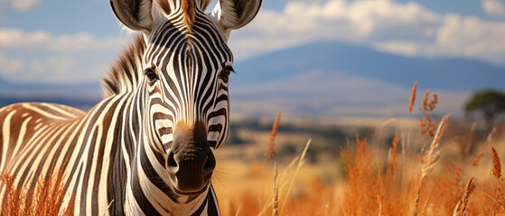 Obraz premium Close-up of a zebra's face in a natural savanna setting, showcasing its unique pattern and serene expression.