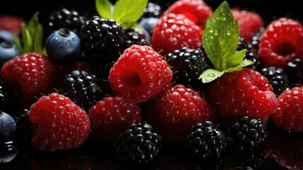 Fresh Raspberries, Blueberries, Blackberries with Water Droplets.