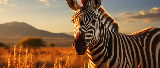 Fototapeta premium Zebra grazing alone in a vast savannah landscape, capturing the essence of wild African animals and their natural habitat.