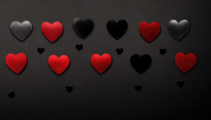 Many hearts on black background. Flatlay for Saint Valentines day. Composition of love and passion
