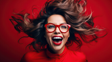 Joyful  woman with glasses showing excitement and surprise