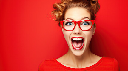 Excited Woman with Glasses on Red Background Expressing Surprise - Powered by Adobe