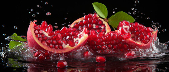 Juicy pomegranate with a dynamic splash, capturing the essence of freshness and health.
