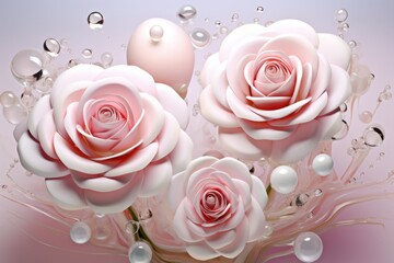 Pink roses and bubbles over the water, in the style of white and beige