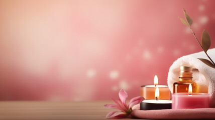 Spa Concept with Aromatic Candles massage copy space banner in pink pastel colors decorated with...