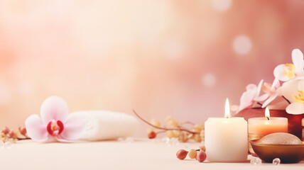 Fototapeta na wymiar Spa Concept with Aromatic Candles massage copy space banner in pink pastel colors decorated with flowers,