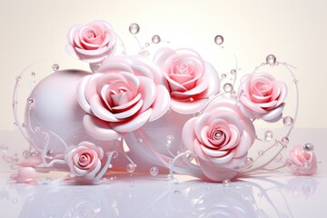 Pink roses and bubbles over the water, in the style of white and beige