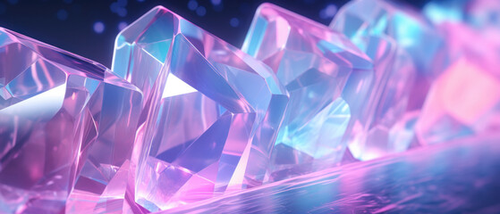 Macro view of a shiny, transparent gemstone with a holographic glow.
