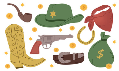 Wild west set. Cowboy boots, hat, gun,hatch for smoking, belt, horseshoe, money bag, neck scarf.