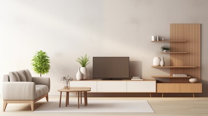 Modern living room with white and natural wood furniture in minimalist design