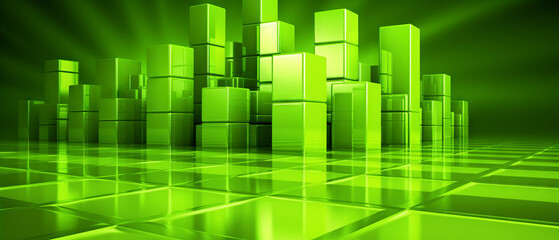 Fototapeta na wymiar Futuristic 3D cubes in acid green, symbolizing data and network in cyberspace.