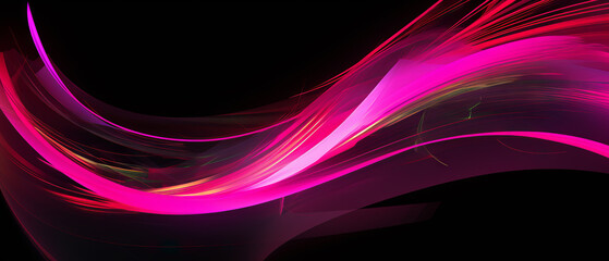 Vibrant digital art with neon pink and violet rays flashing across a dark space, creating a blurred, smoky effect.