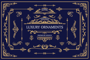 Ornate vintage frames and scroll elements. Classic label with gold ornaments. Classic calligraphy swirls, swashes, dividers, floral motifs. Good for greeting cards, wedding invitations. Luxury design