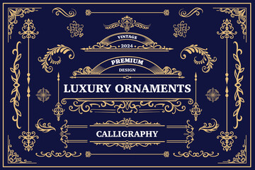 Ornate vintage frames and scroll elements. Luxury gold Vintage decorative ornament design. Labels and badge, calligraphy swirls, swashes, dividers, retro ribbon, for greeting card, wedding invitations - obrazy, fototapety, plakaty