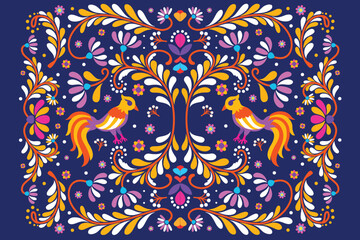 Mexican ethnic embroidery decoration ornament. Botanical pattern. Flat design colorful mexican background. Floral motif vector illustration.