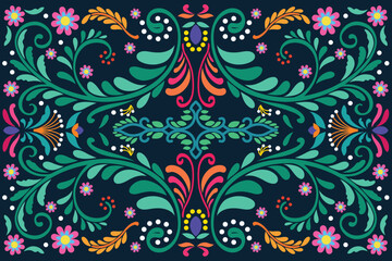 Colorful floral pattern background. Mexican ethnic embroidery decoration ornament. Botanical pattern design vector illustration.