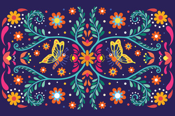 Fototapeta na wymiar Botanical Floral background with butterflies, Mexican flower traditional pattern background. Colorful Mexican floral motif vector illustration.