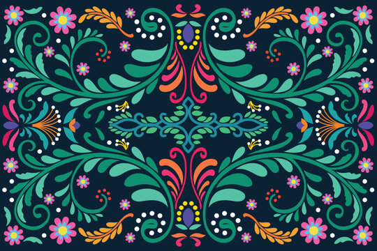 Colorful floral pattern background. Mexican ethnic embroidery decoration ornament. Botanical pattern design vector illustration.