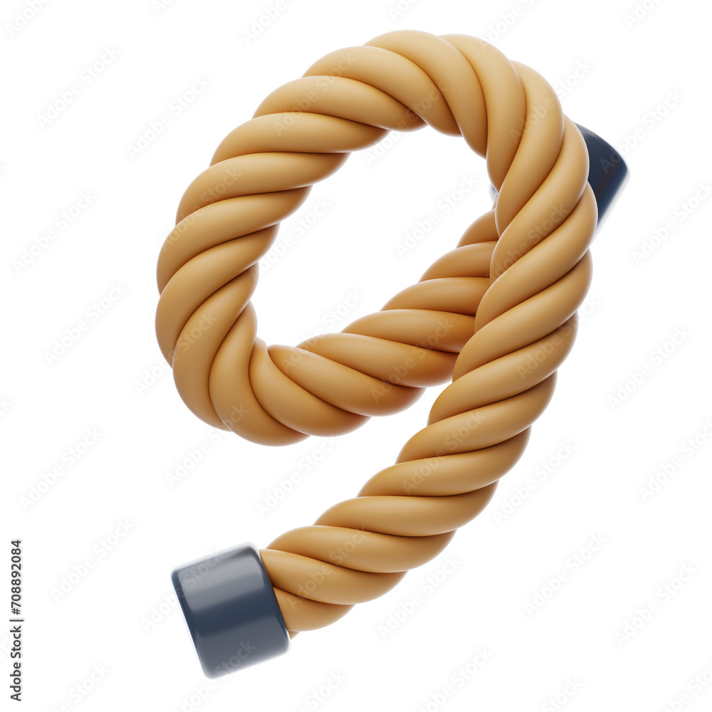 Poster 3d number 9 shape rope text. 3d illustration, 3d element, 3d rendering. 3d visualization isolated on