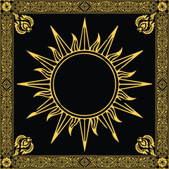 Golden baroque element with chains on a black background. Illustration. Golden Sun in the ring of clouds.Vector illustration on black background. Sun vintage frame divine magic hand drawn antique.
