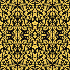 Wallpaper in the style of Baroque. Seamless vector background. Black and gold floral ornament. Graphic pattern for fabric, wallpaper. Ornate Damask flower ornament. Abstract beautiful background. Thai