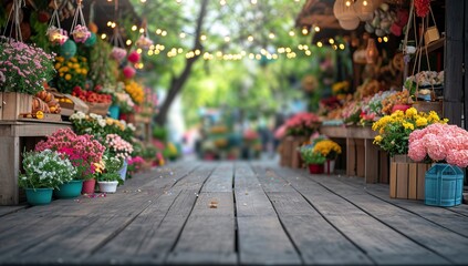 A flower market alley adorned with colorful blossoms and hanging lights - Powered by Adobe