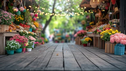 Fototapeten A flower market alley adorned with colorful blossoms and hanging lights © Meow Creations