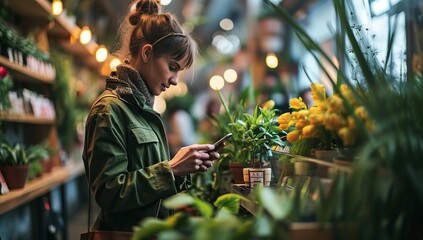 Portrait of young female florist using mobile phone in flower shop - obrazy, fototapety, plakaty