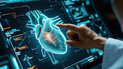 Close up of doctor working with x-ray image of human heart - obrazy, fototapety, plakaty