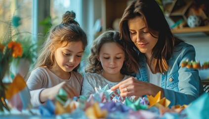 Mother and daughters making origami at home. Motherhood concept.