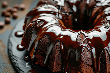 Close-up of bundt cake with chocolate glaze