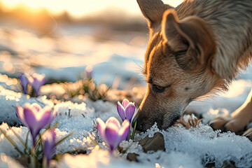 Close-up of a dog sniffing crocus flowers growing from under the snow in early spring day
