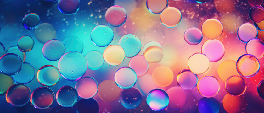Macro texture of colorful soap bubbles in motion, with a clear, shiny appearance.
