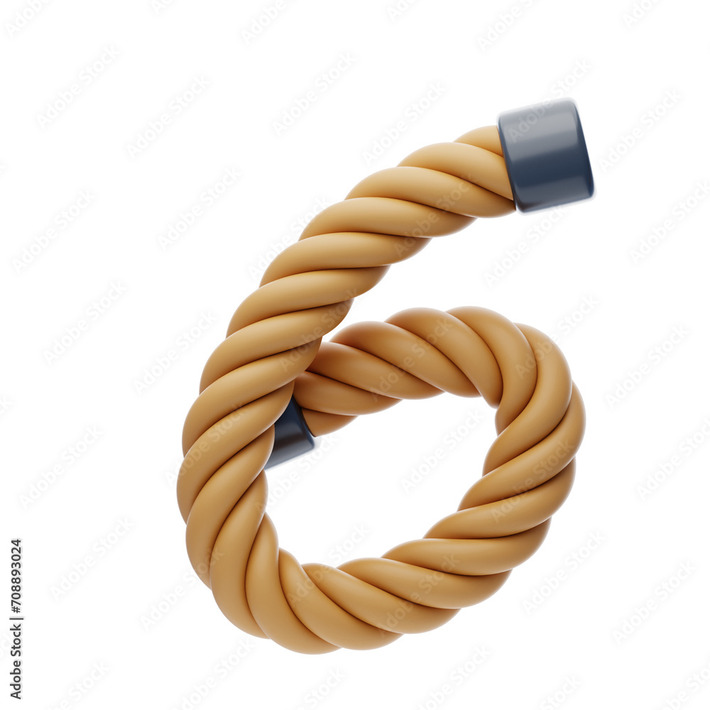 Poster 3d number 6 shape rope text. 3d illustration, 3d element, 3d rendering. 3d visualization isolated on