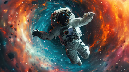 an astronaut flying through a colorful wormhole nebula, space time travel concept - obrazy, fototapety, plakaty