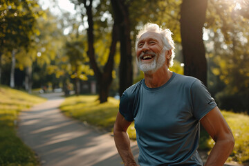 An elderly man in sportswear enjoying nature in a city park. AI generative