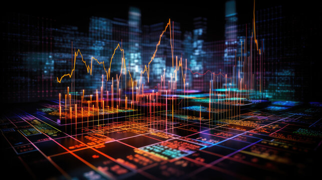 Close-up of a financial trading screen displaying market data with various colored candlestick charts, numerical values, and trend lines indicating stock performance.